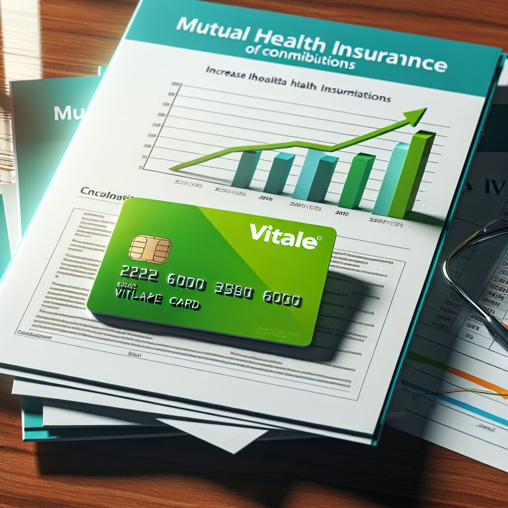 Une carte Vitale posée à côté de documents de mutuelle sur un bureau, illustrant la hausse des cotisations des mutuelles de santé en 2026.
