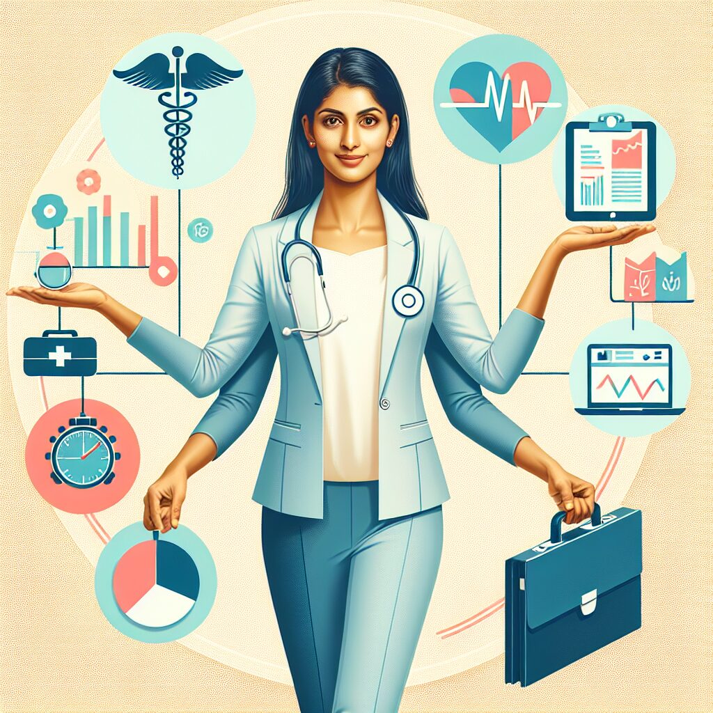 A confident independent worker juggling health and business responsibilities, with medical symbols and business icons blended in a modern, supportive style.