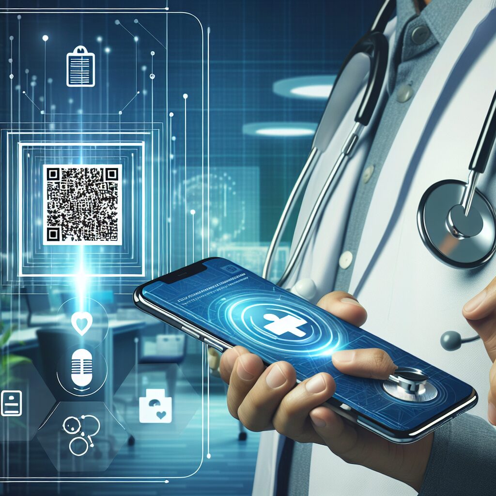 Une illustration moderne représentant une carte vitale numérique sur un smartphone, intégrée dans un contexte médical. Un professionnel de santé scanne le QR code depuis un appareil sans fil, dans une atmosphère de cabinet médical futuriste.