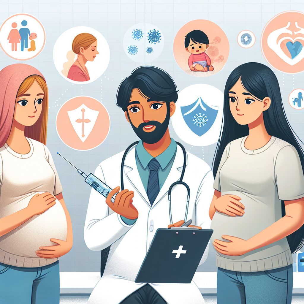 Une image de jeunes mères enceintes en consultation médicale, discutant avec un médecin à propos du vaccin Abrysvo, avec un fond montrant des images symboliques de protection et de santé des nourrissons.