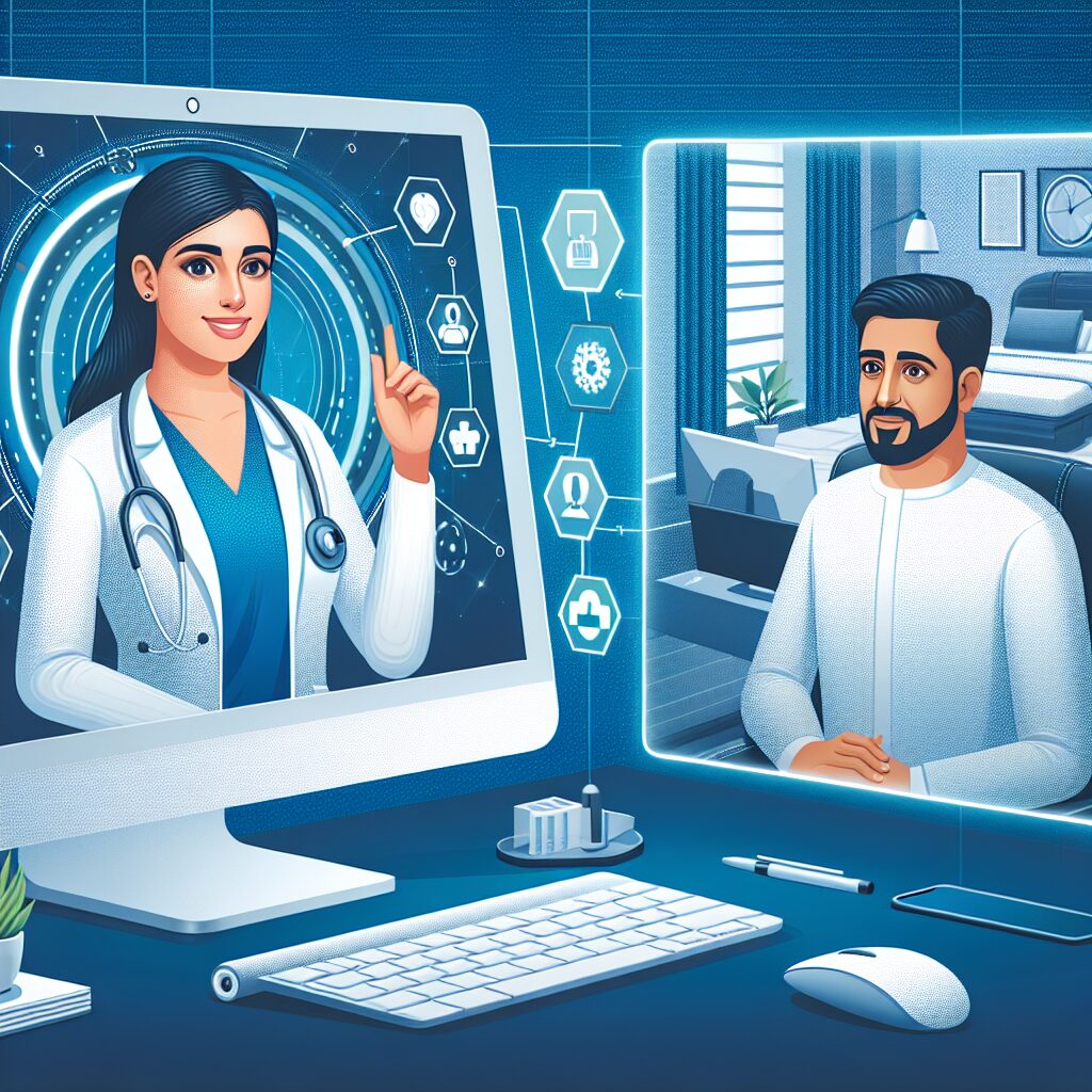 A futuristic setup with a doctor and a patient engaged in a video conference call. The doctor is in a professional medical office setting, and the patient is comfortably at home, both appearing on a computer screen. Bright, modern colors conveying a sense of innovation and trust.