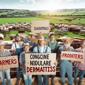 Des agriculteurs manifestant avec des pancartes contre l'abattage de bovins atteints de dermatose nodulaire contagieuse, en arrière-plan des troupeaux et des champs verdoyants, journée ensoleillée avec ciel bleu.
