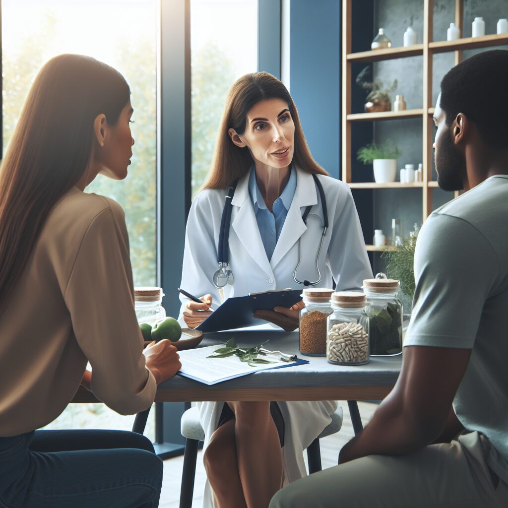 A visual representation of reducing medication consumption, showing a doctor consulting with patients in a serene, health-conscious environment, emphasizing alternative treatments and natural remedies.