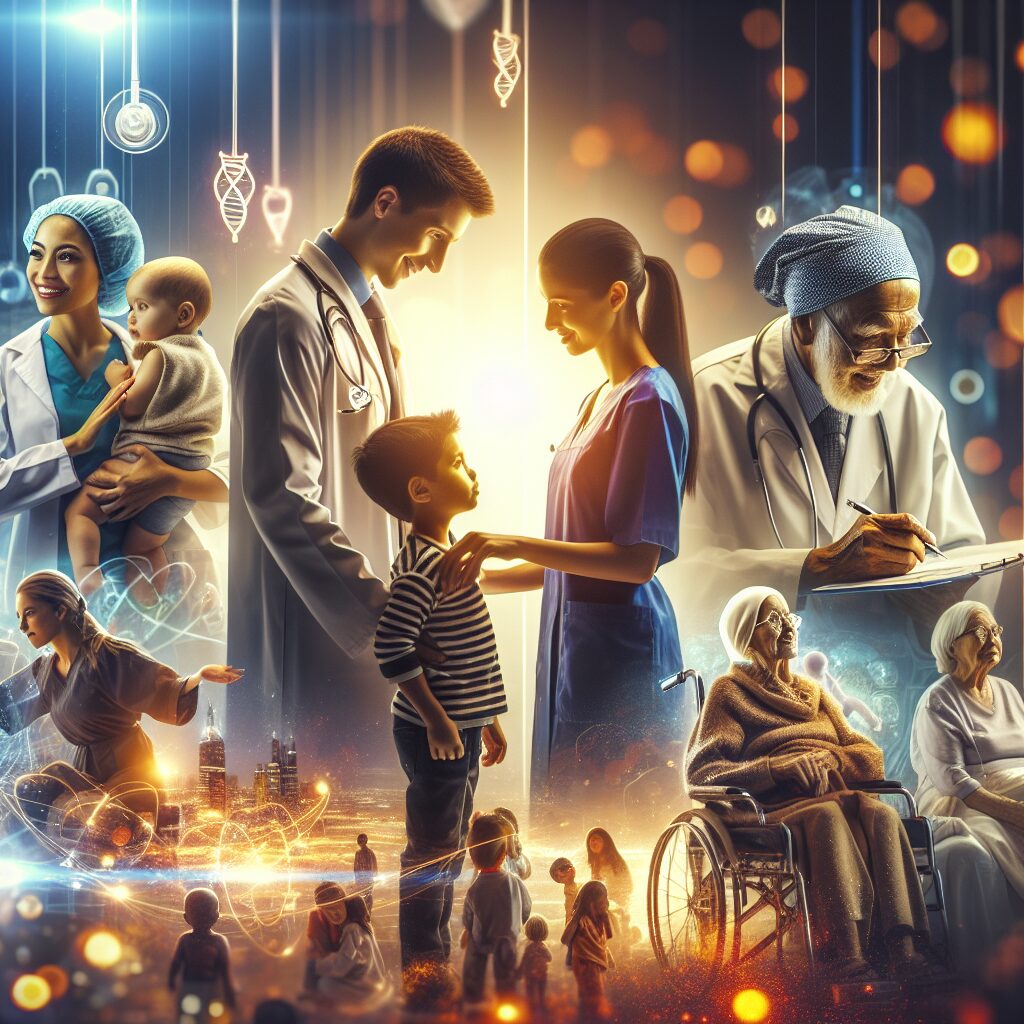 Illustration of a futuristic medical landscape with doctors and patients interacting, showcasing various healthcare scenarios from pediatric to geriatric care, with a hopeful and progressive atmosphere, lots of warm lighting to symbolize advancement and care.