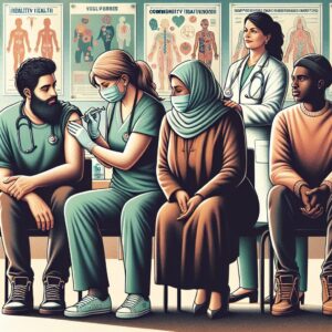 A medical illustration showing a diverse group of people with chronic illnesses receiving flu vaccinations, in a supportive and community health setting, with a healthcare professional administering a vaccine.
