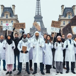 Une manifestation de médecins en tenue professionnelle, pancartes en main, exprimant leur mécontentement devant un bâtiment gouvernemental en hiver à Paris.