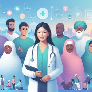 Illustration montrant un médecin accompagnant des patients de différents âges, symbolisant l'accès aux soins et la prévention en 2026, avec des éléments de modernité et de bien-être.
