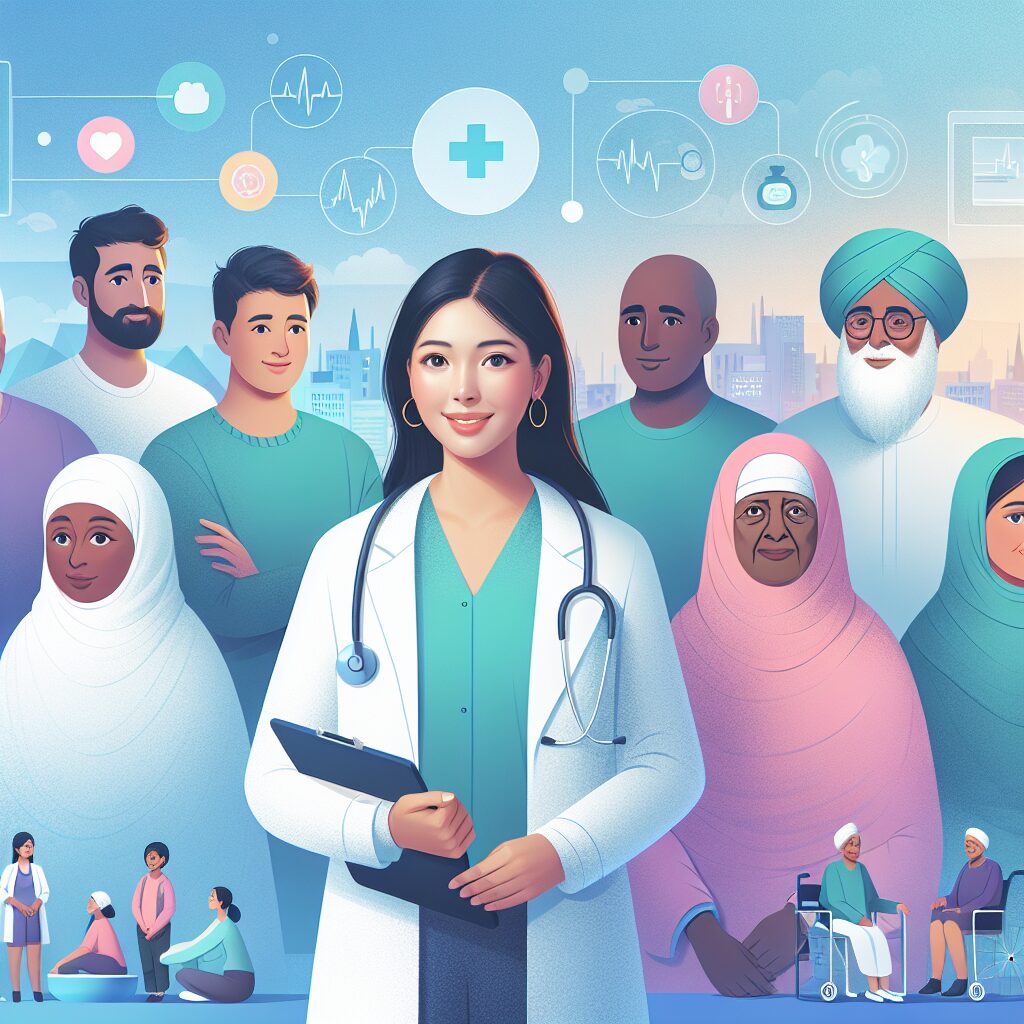 Illustration montrant un médecin accompagnant des patients de différents âges, symbolisant l'accès aux soins et la prévention en 2026, avec des éléments de modernité et de bien-être.