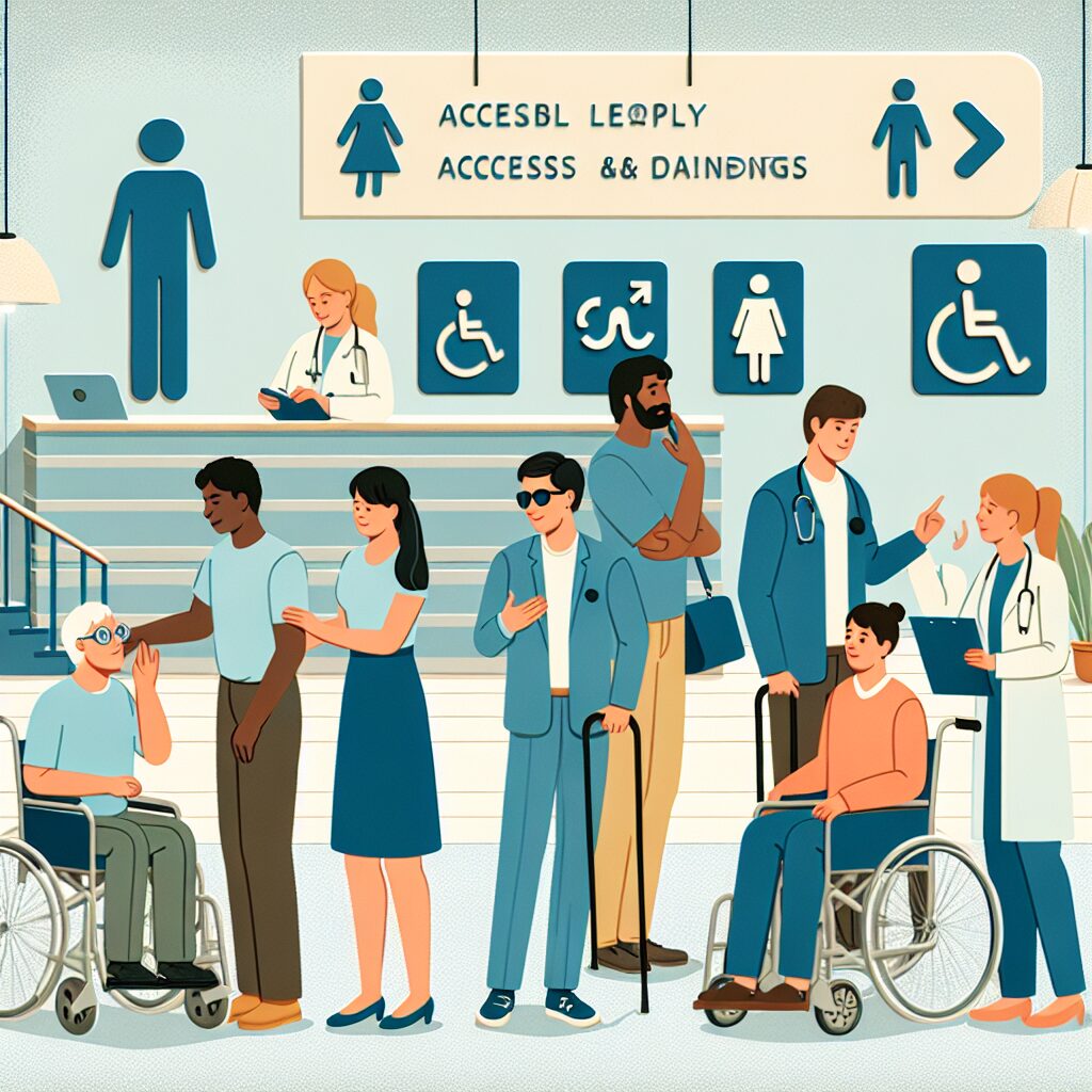 A diverse group of individuals with disabilities interacting with healthcare professionals in a friendly and accessible medical environment, featuring elements like ramps, Braille signage, and sign language communication.