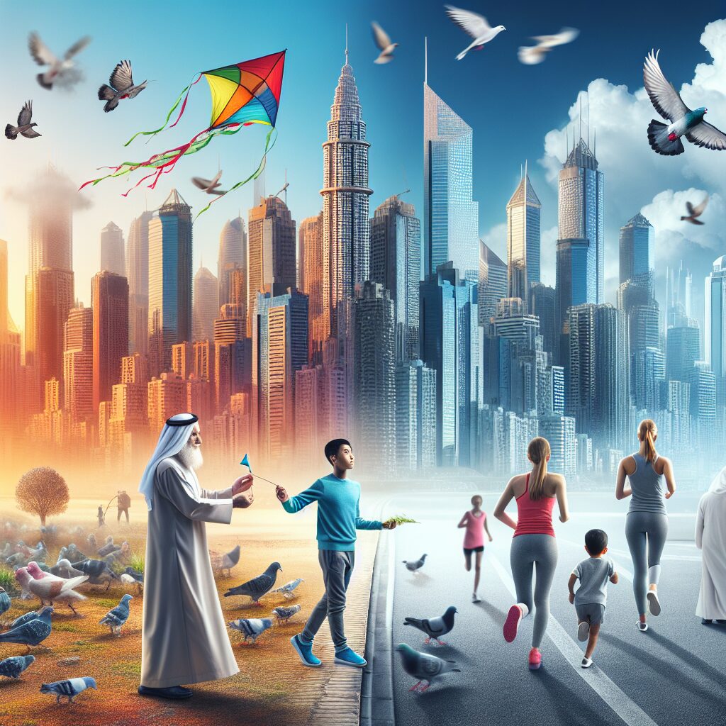 A visually striking image depicting a city skyline enveloped in smog, contrasted with a clear blue sky symbolizing improved air quality. The foreground features diverse individuals, including children and the elderly, engaging in outdoor activities, showcasing the health benefits of clean air.