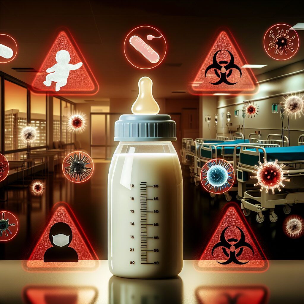 Un biberon symbolisant le lait infantile entouré de panneaux d'avertissement rouge, avec de petites icônes de bactéries pour représenter la contamination. Univers hospitalier en arrière-plan, style illustratif, tons sombres pour créer un sentiment d'urgence.