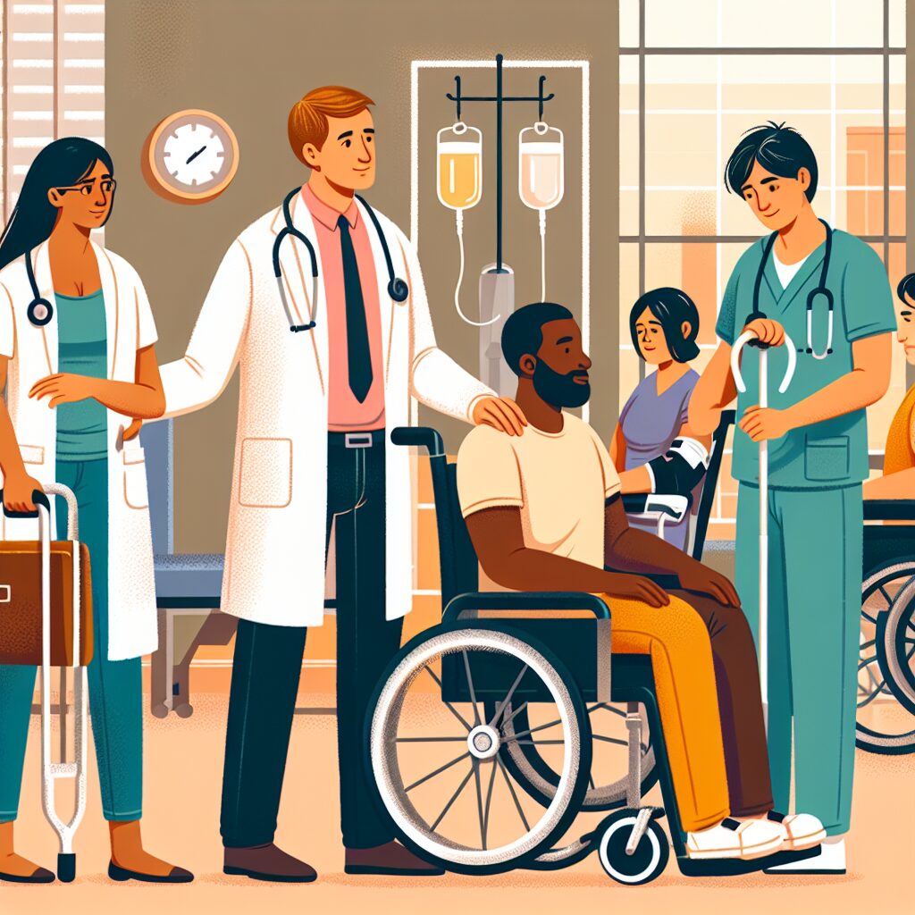 An inclusive and diverse representation of people with disabilities engaging in healthcare environments, showcasing accessibility and care in a hospital or clinic setting.