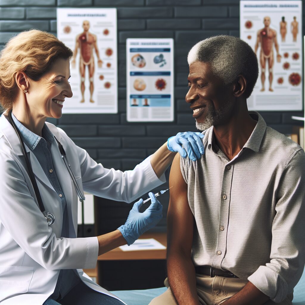 A doctor administering a flu vaccine to a patient with a chronic illness in a medical clinic setting, showcasing a caring and empathetic atmosphere, with medical posters about flu prevention in the background.
