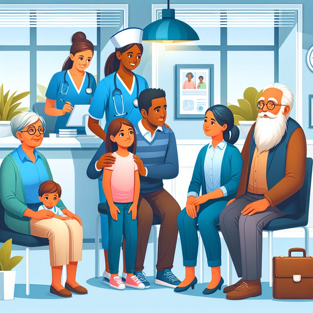 Illustration depicting a diverse group of individuals, including children and elderly, receiving healthcare services in a modern clinic setting, symbolizing accessibility and quality care; vibrant colors and friendly environment.