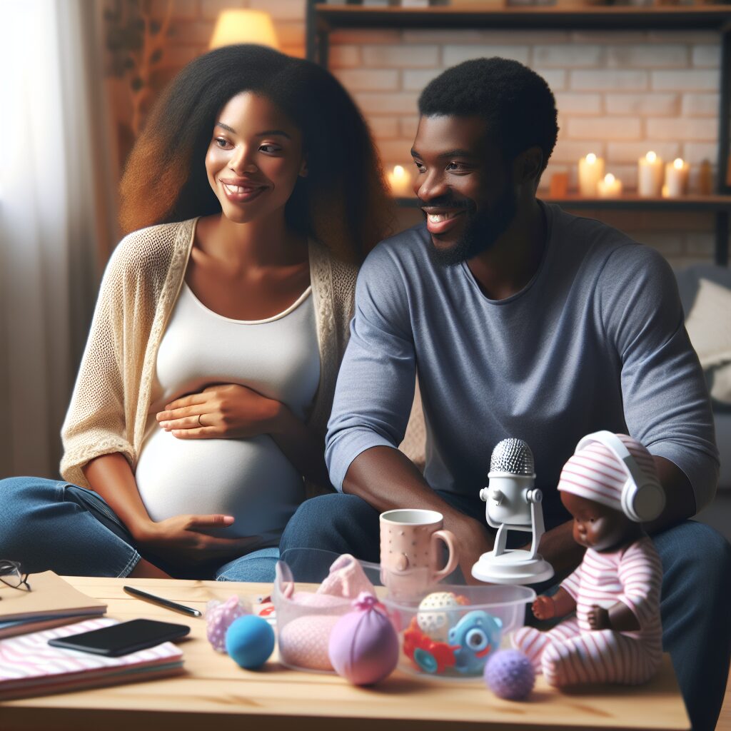 Une image montrant un couple de futurs parents, assis ensemble dans un salon confortable, écoutant un podcast avec un fond apaisant. Les deux sont souriants, entourés de livres et de jouets pour bébé, symbolisant l’apprentissage et la préparation pour l’arrivée d’un enfant.
