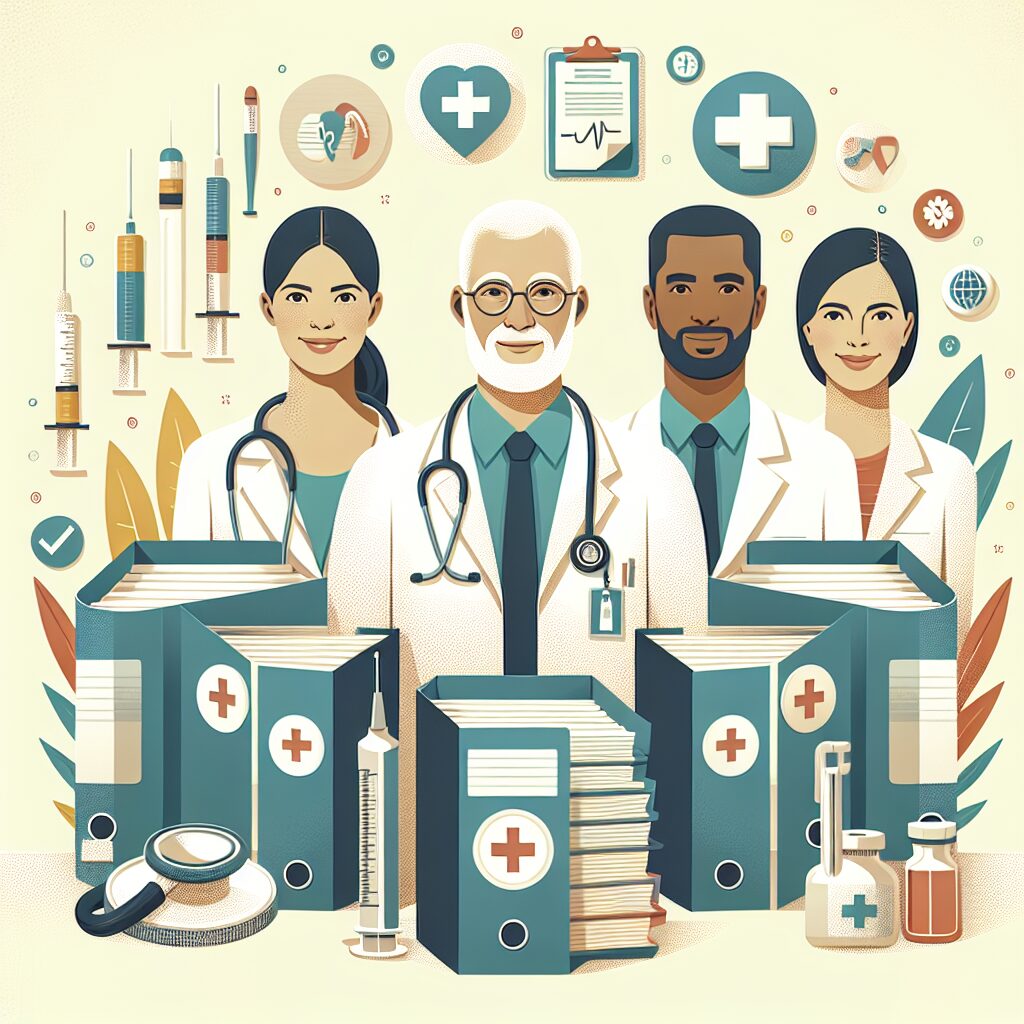 An illustration depicting a diverse group of healthcare professionals including a pediatrician, geriatrician, and a psychologist, surrounded by icons of medical instruments and patient files, symbolizing the advancements in medical care and insurance policies in 2026.