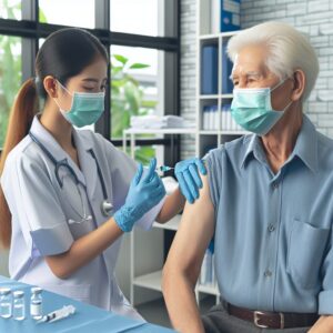 A healthcare professional administering a flu vaccine to an elderly person in a clinic. The setting is a bright, professional medical environment, showcasing the importance of vaccination for chronic illness patients. The healthcare professional is wearing a mask and gloves, emphasizing hygiene and safety.