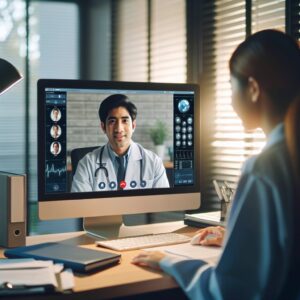 Un médecin en visioconférence avec un patient, écran d’ordinateur montrant une interface médicale, ambiance professionnelle, cadre moderne, bureau avec documents médicaux, lumière douce et technologie moderne.