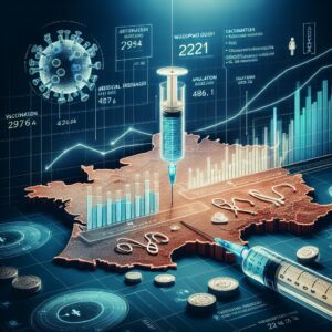 A detailed and informative image illustrating the resurgence of whooping cough in 2024, showing a map of France with increasing case numbers and symbols of vaccination, such as a syringe and a shield, set against a backdrop of medical data graphs.