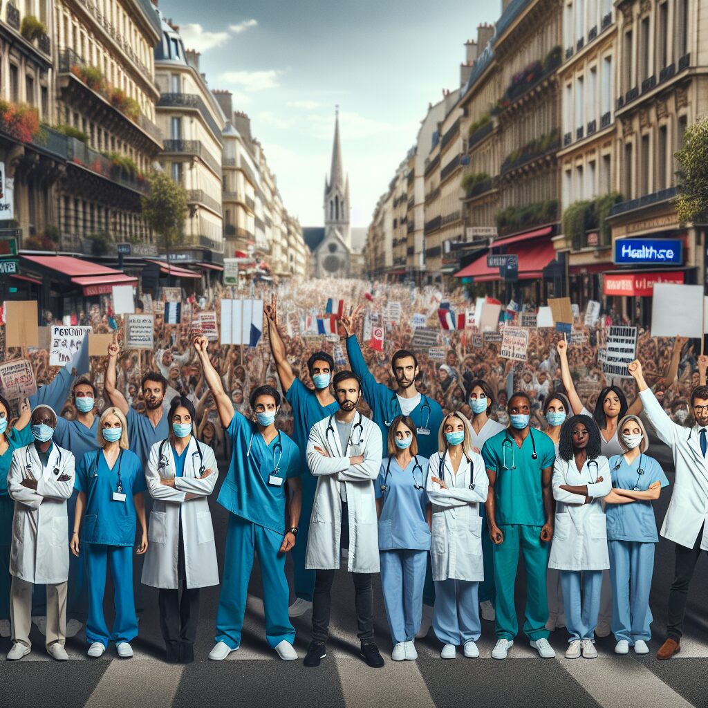 Doctors protesting in France, banners, medical professionals unified, bustling city streets, tension, healthcare setting, colorful signs, daylight.