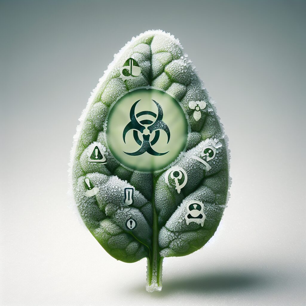 A close-up of frozen spinach leaves, with a subtle overlay of warning symbols to illustrate the potential contamination, set in a neutral background emphasizing caution and food safety.