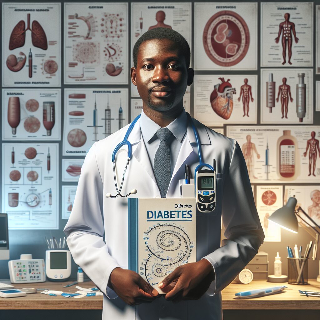 A healthcare professional holding a copy of "Sophia et Vous" journal in a medical office setting, with diabetes care symbols like glucose meters and insulin pens in the background.