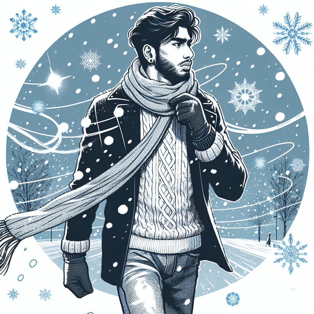 Illustration d'une personne portant des gants et une écharpe, marchant dans la neige avec des flocons tombant autour, mettant en avant la protection contre les engelures hivernales.