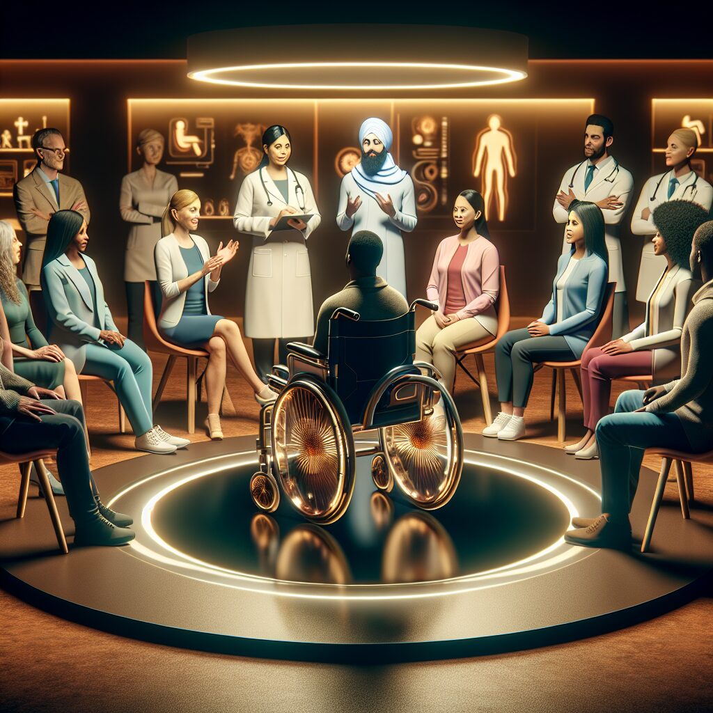 A modern wheelchair in a healthcare setting, symbolizing innovation and inclusion, with a diverse group of people discussing accessibility and support, warm lighting, futuristic design.