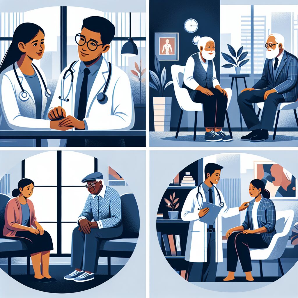 Illustration of a doctor consulting with patients of different ages in a modern medical office, showing diverse interactions like a pediatrician checking a child, a geriatrician aiding an elderly person, and a psychologist assisting a young adult.