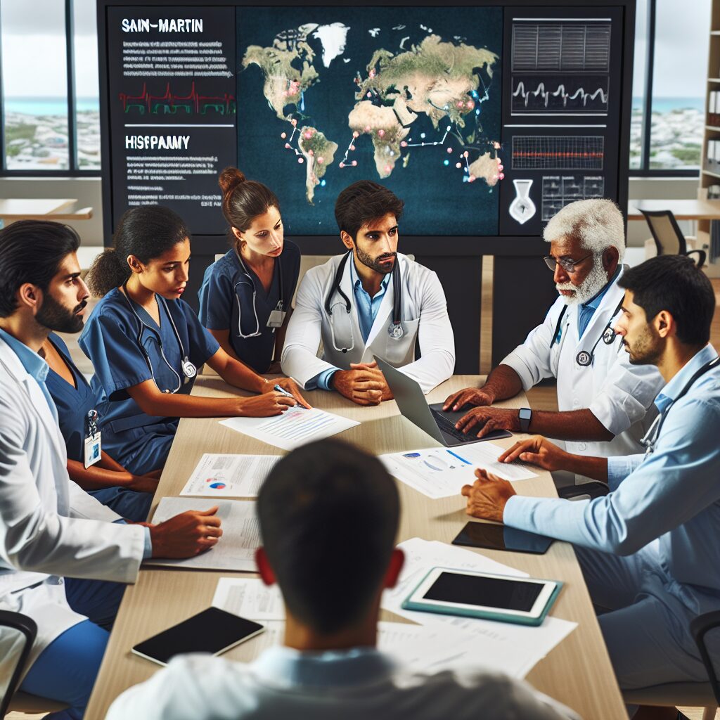 A group of diverse healthcare professionals and researchers in a meeting room, collaborating and discussing around a table. In the background, a large map of the Caribbean Islands, specifically highlighting Saint-Martin and Saint-Barthélemy, with medical charts and data displays on screens. The setting is modern, with an emphasis on collaboration and expertise in infectious diseases.