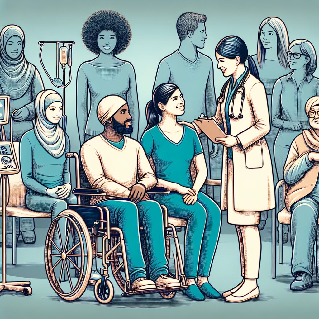 Un dessin stylisé représentant des personnes en situation de handicap interagissant positivement dans un environnement médical moderne et accueillant. On peut y voir un médecin attentive et des équipements médicaux adaptés, avec une ambiance générale de bienveillance et d'inclusion.