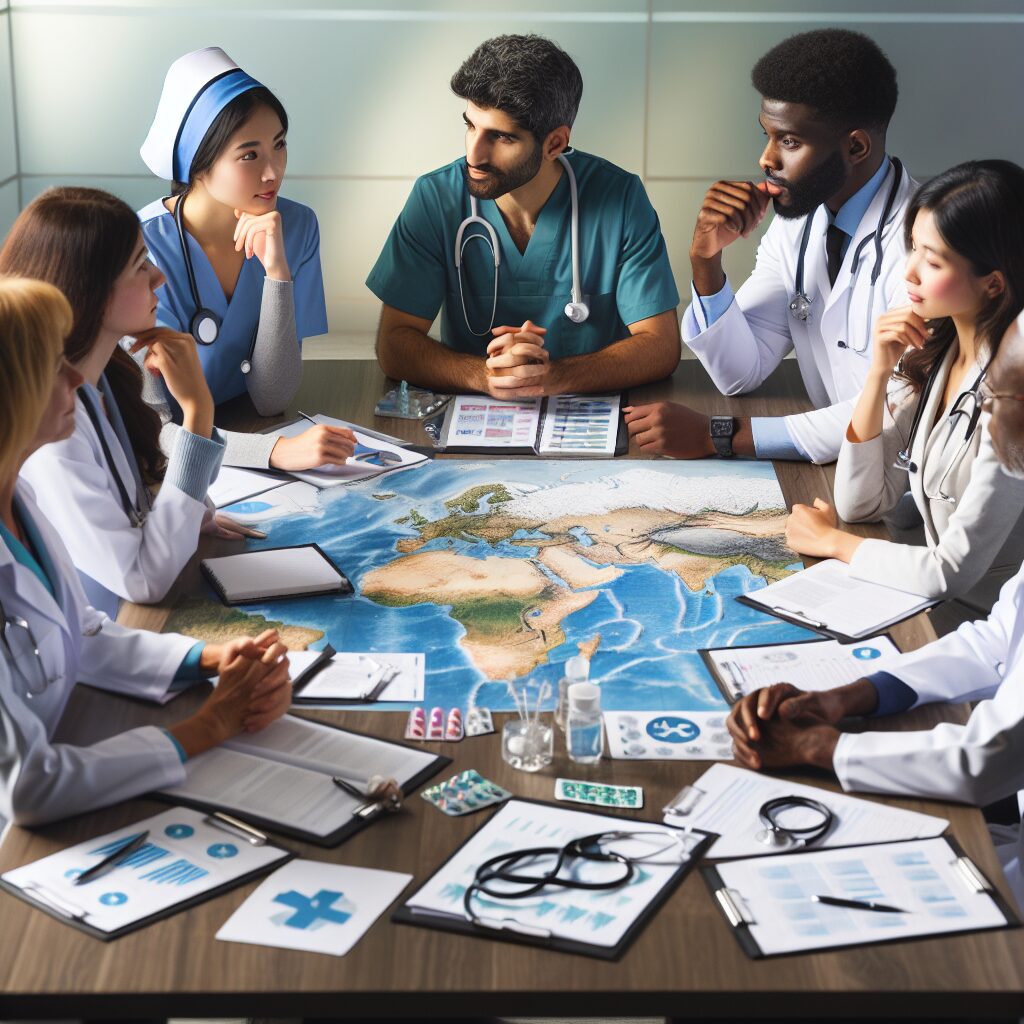 A diverse group of healthcare professionals discussing around a table, with tropical island maps and medical charts in the background, representing the Northern Islands infectious disease committee.