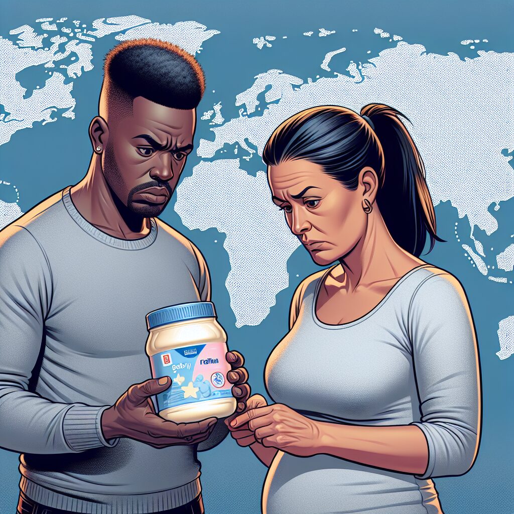 Illustration showing concerned parents checking a baby formula container with a Nestlé logo, backdrop of a European map, emphasising safety and recall alert.