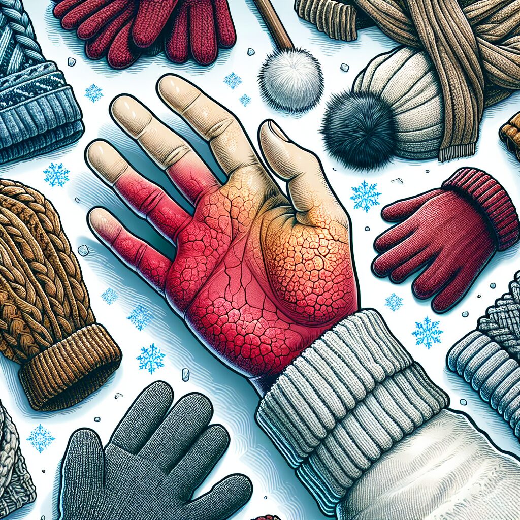 A detailed illustration showing a person's hand with red patches from frostbite, surrounded by winter clothing like gloves and scarves, set in a snowy outdoor environment, conveying cold and protection.