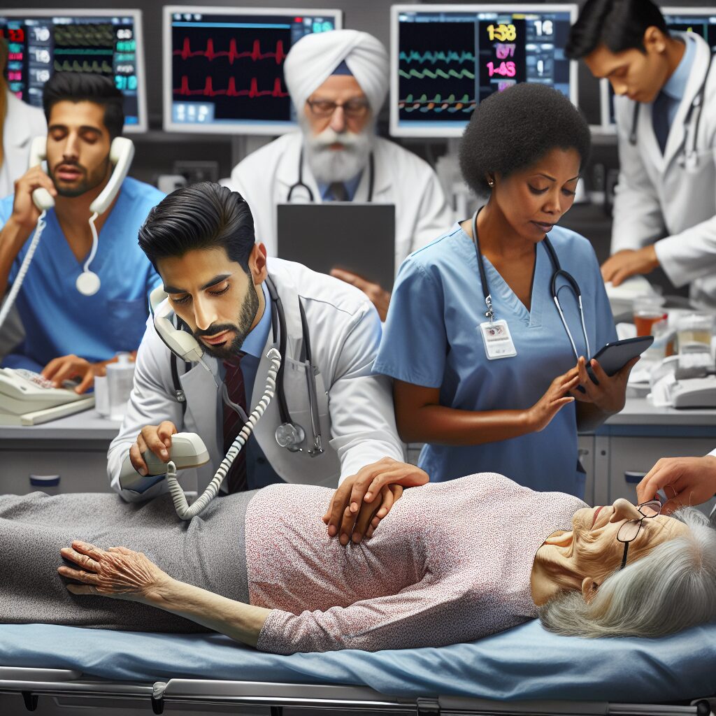 A busy emergency room with medical professionals attending to patients, while phones ring constantly in the background, symbolizing the high pressure on emergency services during a healthcare crisis.