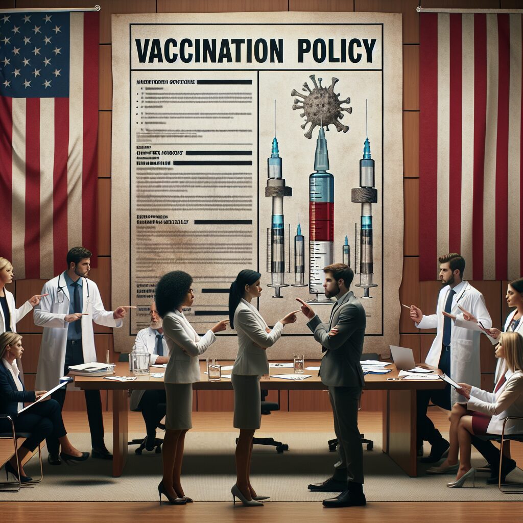 A discussion between government officials in an office setting, with emphasis on a large document labeled 'vaccination policy'. The setting should have American flags, medical charts, and a tense atmosphere.