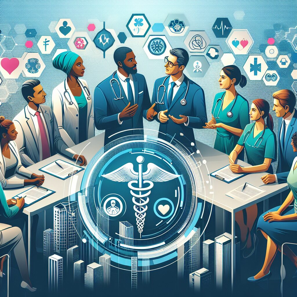 Une illustration moderne montrant divers professionnels de santé en discussion, représentant l'accès aux soins et la prévention pour tous. Inclure des éléments symbolisant la médecine de ville et les évolutions médicales récentes en France. Style futuriste et réaliste.