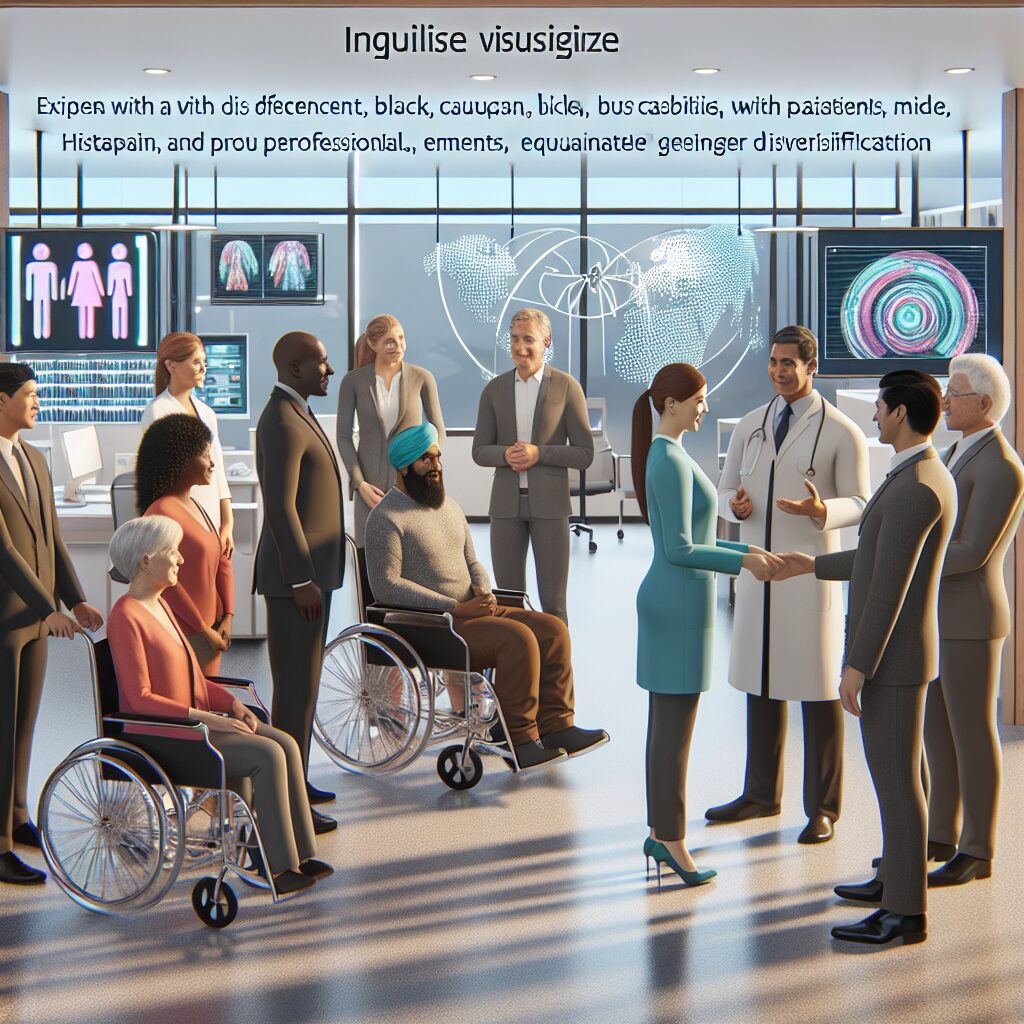 Image of a diverse group of people, including those with visible disabilities, engaging with healthcare professionals in a welcoming medical environment. Emphasize inclusivity and accessibility in a modern healthcare setting.