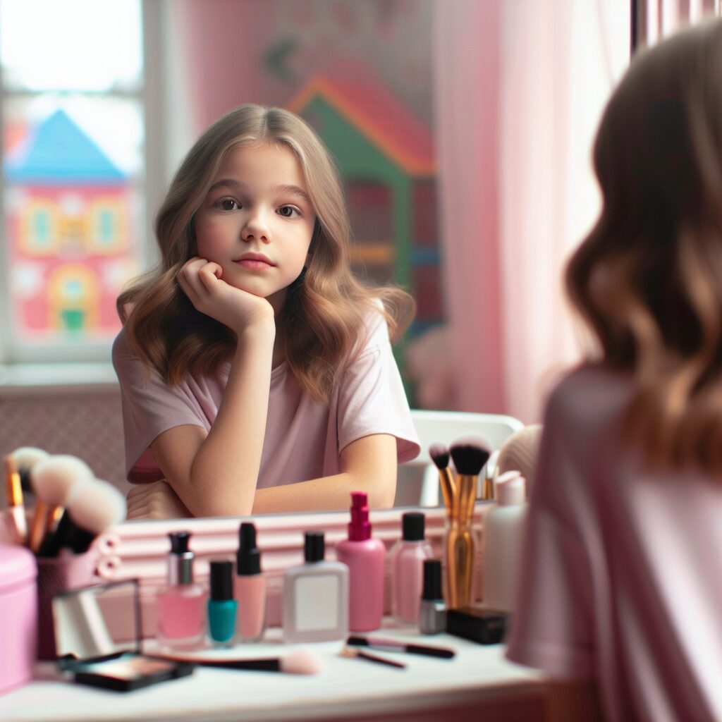 A young girl, around 10 years old, sitting at a dressing table laden with beauty products, looking in the mirror with a quizzical and slightly concerned expression. The room should have a soft pink tone, reflecting innocence, with a window showing a playground outside.