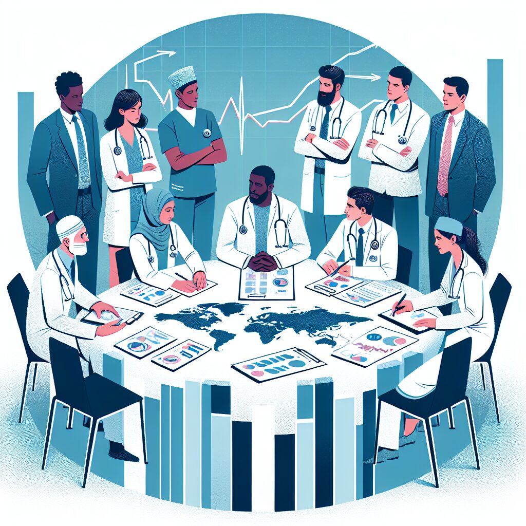 Une illustration représentant des médecins discutant autour d'une table avec des graphiques et des documents, symbolisant les nouvelles mesures de la convention médicale de 2026 en France.