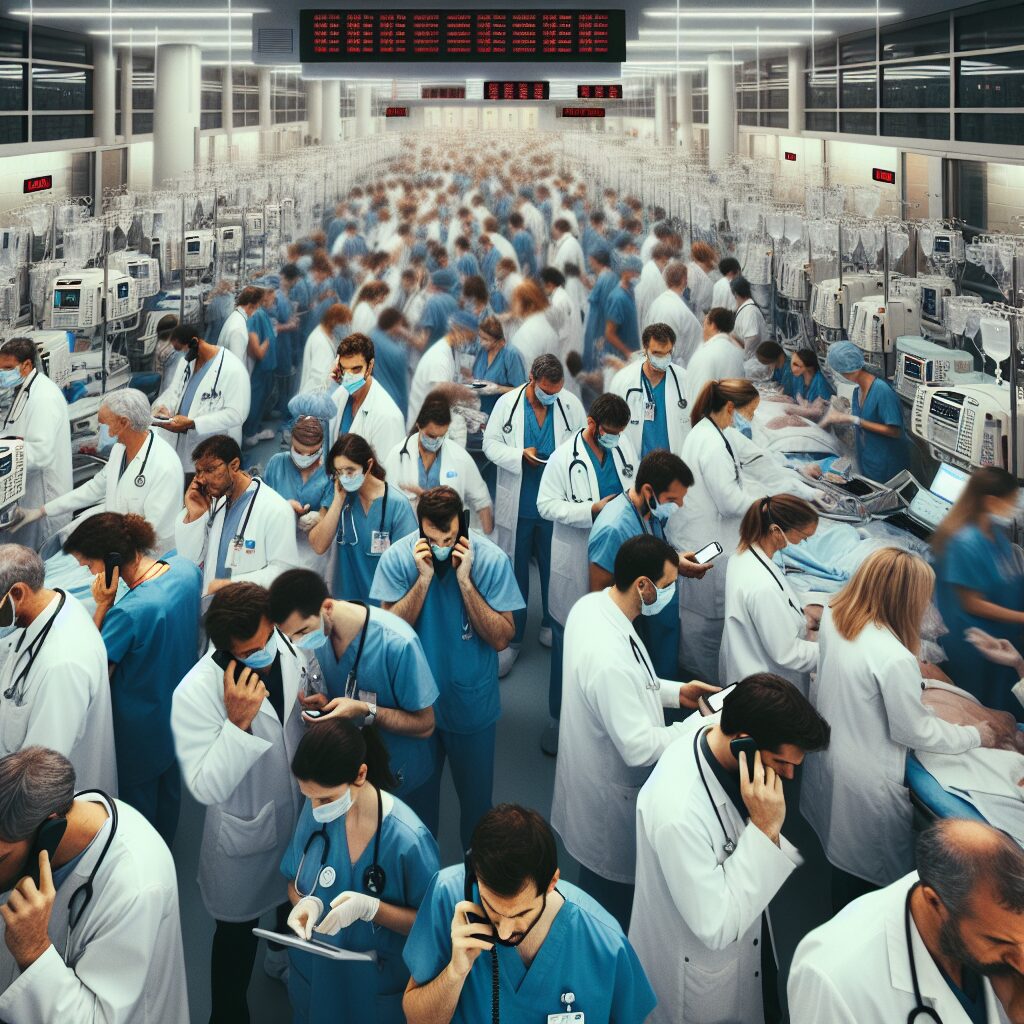 A bustling hospital emergency room with stressed medical staff, ringing phones, and a sense of urgency. The scene captures the overwhelming environment during a healthcare crisis.