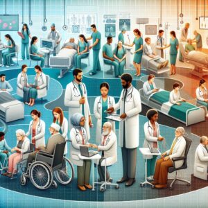 An engaging and informative illustration depicting the evolution of healthcare access and quality in France for 2026, showing diverse patients receiving medical attention in a modern clinic setting, with doctors and nurses engaged in consultations, emphasizing new reforms.