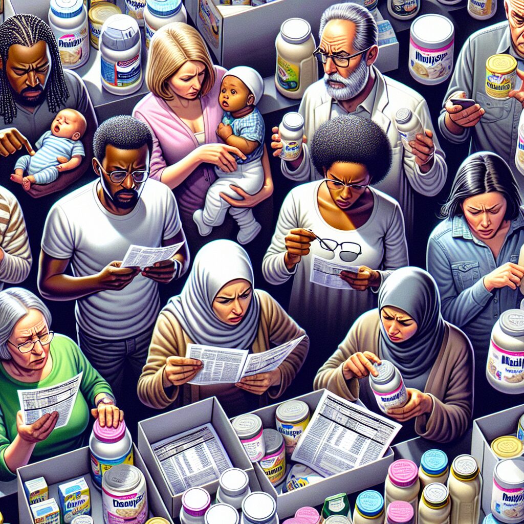 Image of baby formula products being recalled, showing concerned parents checking product numbers, with an emphasis on health and safety concerns.