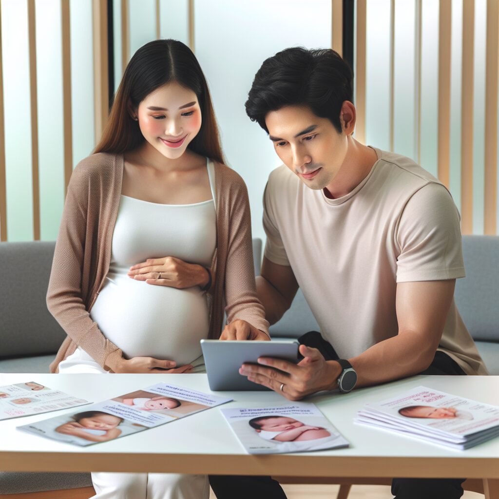 A supportive family scene with expecting parents in a doctor's office, modern technology aids like tablets and leaflets visible, and a calming, warm atmosphere with soft colors.