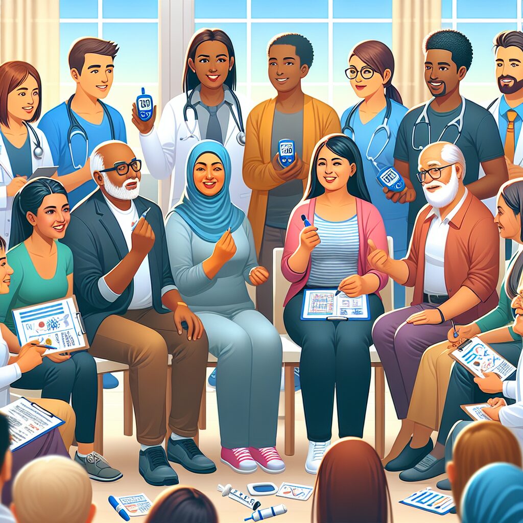 Illustration of a diverse group of adults actively managing diabetes, engaging in a discussion with healthcare professionals. The scene includes elements such as medical charts, glucose monitors, and smiling faces showing patient support and education.