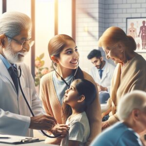 A visual representation showing a diverse group of people, including children and elderly individuals, receiving medical consultations in a modern healthcare setting. Bright, reassuring colors with medical symbols in the background.