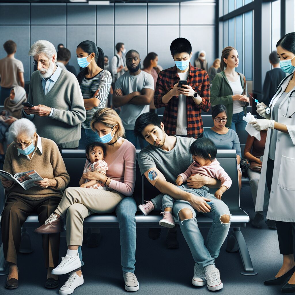 A crowded waiting room at a medical clinic during flu season, with diverse people wearing masks and a healthcare worker administering a flu shot.