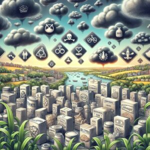 An alarming illustration showing food additives like sulfites and nitrites with a background of processed food packages; a shadow of human health symbols hovering above, indicating health concerns.