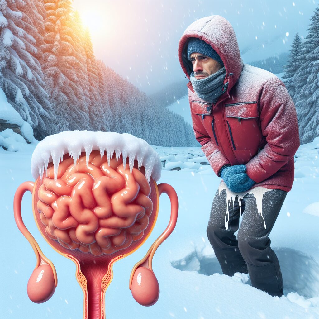 An illustration showing a winter scene with snow, a person bundled up in warm clothes shivering, highlighting a focus on the bladder (anatomically accurate), to symbolically represent the increased urge to urinate in cold weather.