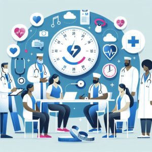 Illustration montrant des professionnels de santé illustrés autour d'une table avec des symboles de santé comme un stéthoscope, une balance médicale et un calendrier indiquant une évolution. Style moderne et épuré avec une touche futuriste, couleurs apaisantes et professionnelles.